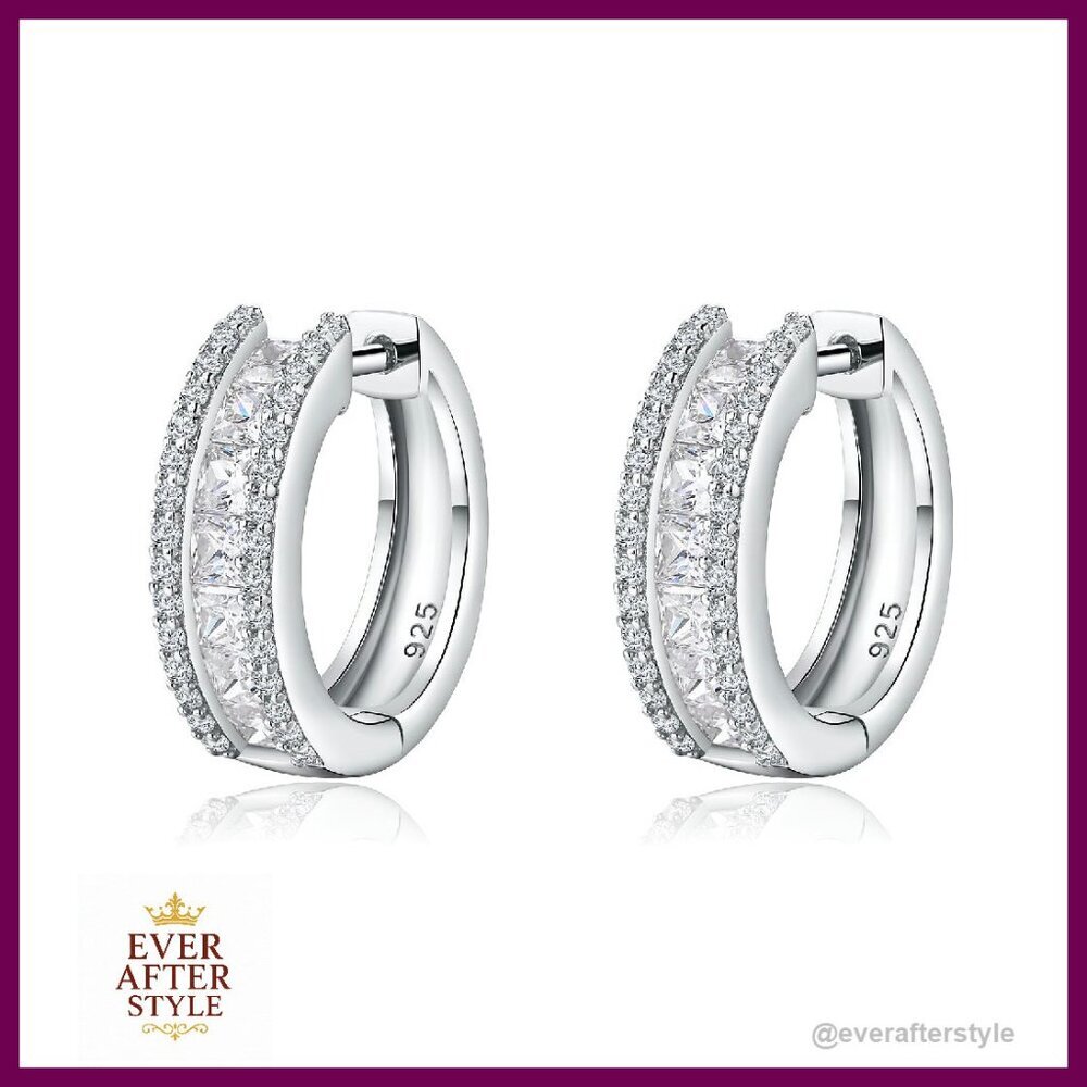 Sterling Silver Chunky Huggie Hoop Earrings with Cubic Zirconia Gemstones